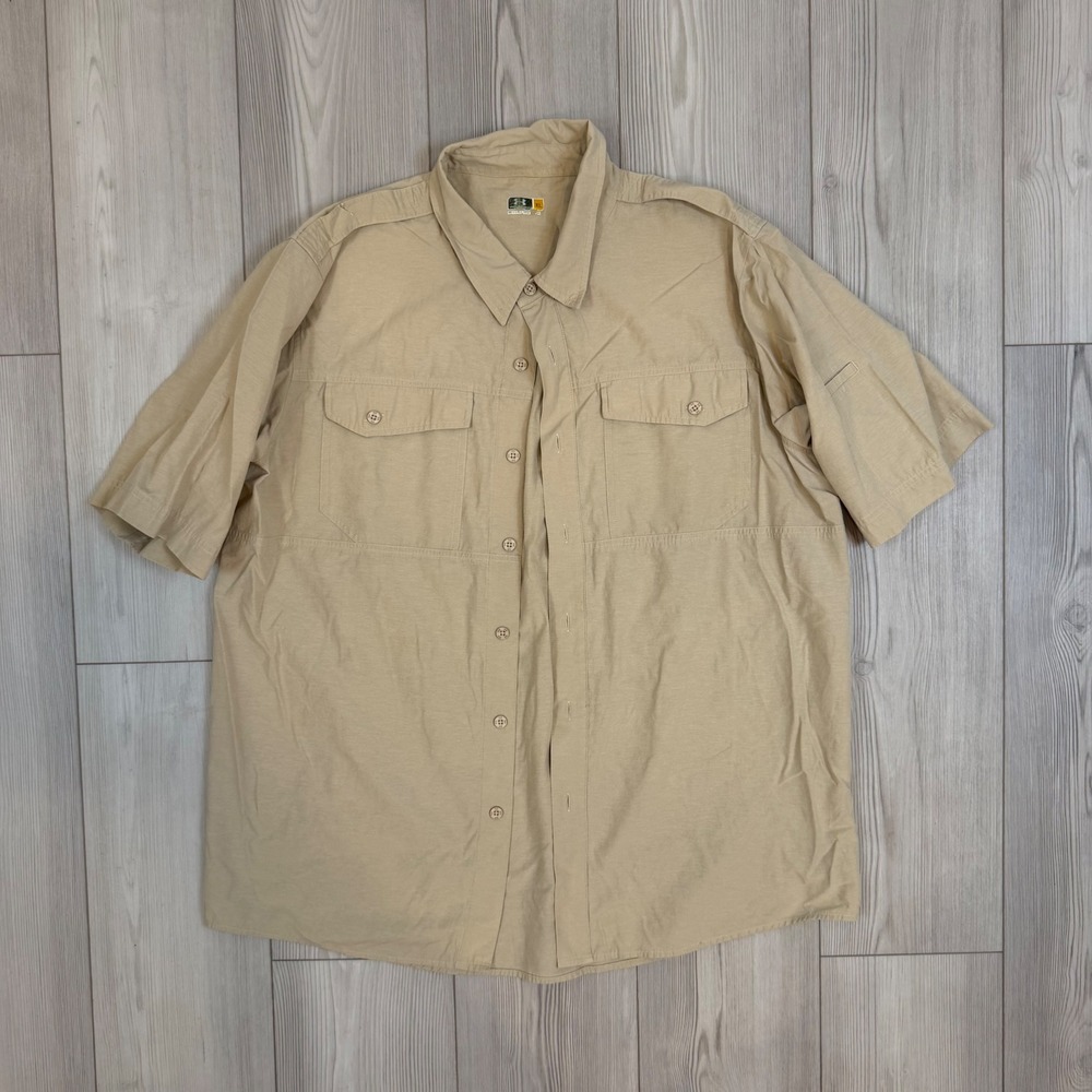 Under Armour Mens XL Tan Tactical Short Sleeve Button Down Fishing Shirt Khaki